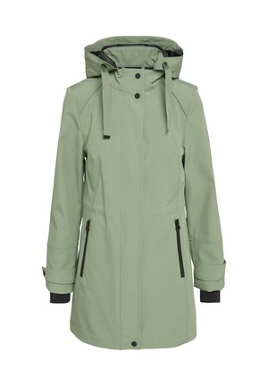 Manteau imperméable vert clair avec capuche. Il possède des accents noirs, deux poches zippées et une coupe décontractée. Texture lisse.