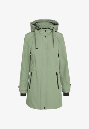 Jasnozielony, wodoodporny płaszcz z kapturem. Zawiera czarne akcenty, dwie kieszenie na zamek i luźny krój. Gładka faktura.