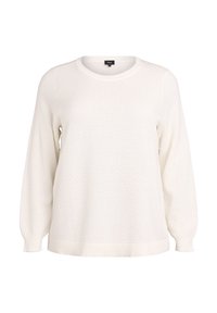 Maglione bianco a maglia con superficie testurizzata, maniche lunghe e scollatura rotonda. Presenta polsini e orlo a coste, offrendo una vestibilità comoda.