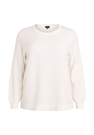 Bílý pletený svetr s texturovaným povrchem, dlouhými rukávy a kulatým výstřihem. Má pružné manžety a spodní lem, což zajišťuje uvolněný střih.
