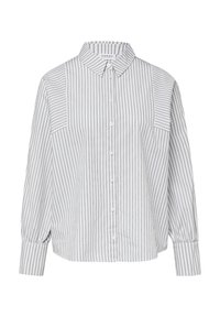 Button-up shirt in white and gray vertical stripes. Features a collar, long sleeves, and gathered cuffs for added texture and shape.