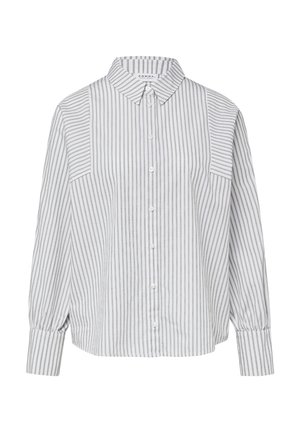 Camicia con bottoni a righe verticali bianche e grigie. Presenta un colletto, maniche lunghe e polsini arricciati per aggiungere texture e forma.