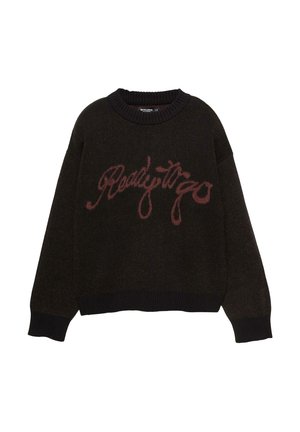 Maglione a maglia marrone scuro con polsini e orlo a coste, con la scritta "Pronto per andare" in corsivo rosso sul petto.