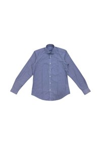 Camicia a maniche lunghe di colore azzurro chiaro con un sottile motivo a righe, colletto a bottoni e bottoni frontali. Realizzata in un tessuto liscio.