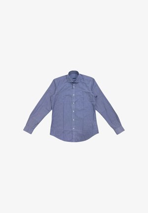 Camicia a maniche lunghe di colore azzurro chiaro con un sottile motivo a righe, colletto a bottoni e bottoni frontali. Realizzata in un tessuto liscio.