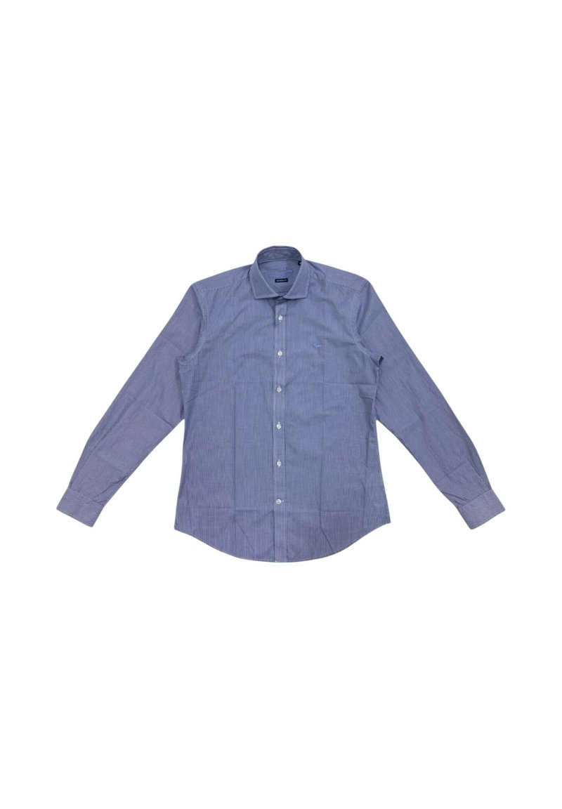 Camicia a maniche lunghe di colore azzurro chiaro con un sottile motivo a righe, colletto a bottoni e bottoni frontali. Realizzata in un tessuto liscio.