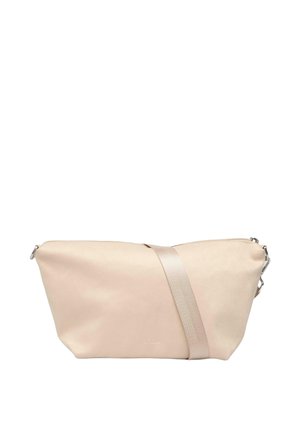 Beżowa prostokątna torebka na ramię z szerokim paskiem i zamkiem błyskawicznym, wykonana z gładkiej tkaniny z subtelnym tłoczeniem marki.
