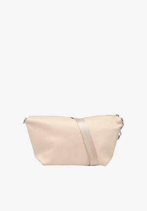 Borsa a tracolla rettangolare beige con tracolla larga e chiusura con cerniera, realizzata in tessuto liscio con un sottile logo in rilievo.