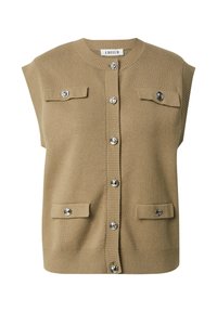 Beige gestrickte Weste mit kurzen Ärmeln, rundem Ausschnitt, zentraler Knopfleiste, dekorativen Fronttaschen und glänzenden Metallknöpfen.