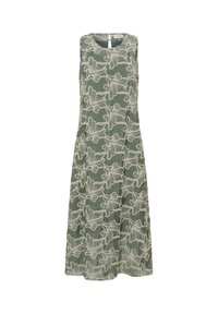 Robe verte sans manches, longueur genou, avec superposition en dentelle florale blanche et encolure ronde avec petite fermeture à bouton au dos.