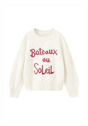 Pull en tricot blanc avec poignets et ourlet côtelés, portant le texte rouge "Bateaux au Soleil" sur le devant.