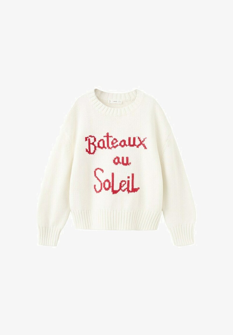 Pull en tricot blanc avec poignets et ourlet côtelés, portant le texte rouge "Bateaux au Soleil" sur le devant.
