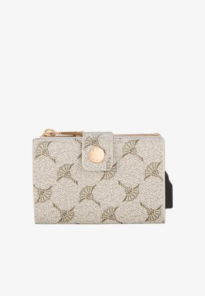 Textured light beige wallet with floral pattern in green tones, gold hardware, zip closure, and snap button. Features a side card slot.