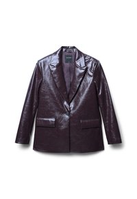 Burgunderfarbener Blazer aus Kunstleder mit glänzender Oberfläche, ein Knopfverschluss, Reverskragen und zwei Fronttaschen.