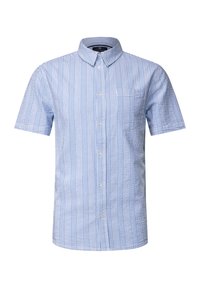 Korte mouwen button-up shirt in blauw en wit gestreepte katoen, met een borstzak en een klassiek kraagontwerp.