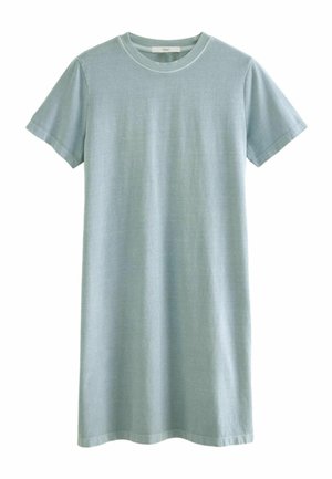 Light blue short-sleeve cotton dress with crew neckline and simple, straight cut, displayed on a white background.