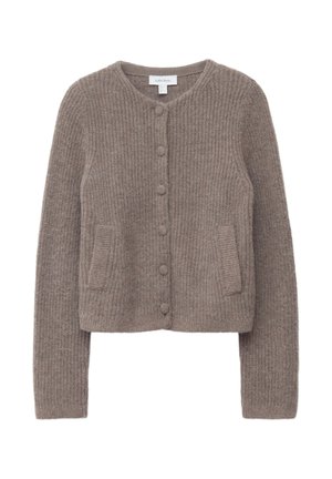 Brown ribbed cardigan made from soft material, featuring a round neckline, front buttons, and two side pockets.