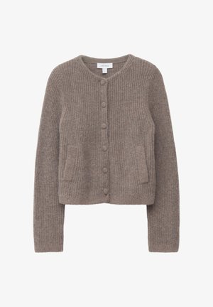Brauner gerippter Cardigan aus weichem Material, mit rundem Ausschnitt, vorderen Knöpfen und zwei Seitentaschen.
