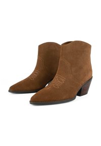 Stivali alla caviglia in suede marrone con punta affusolata e tacco basso impilato. Cuciture decorative a motivo ondulato sui lati.