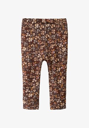 Leggings marron avec un motif floral coloré composé de petites fleurs crème, orange et bleues. Tissu doux avec une taille élastique.