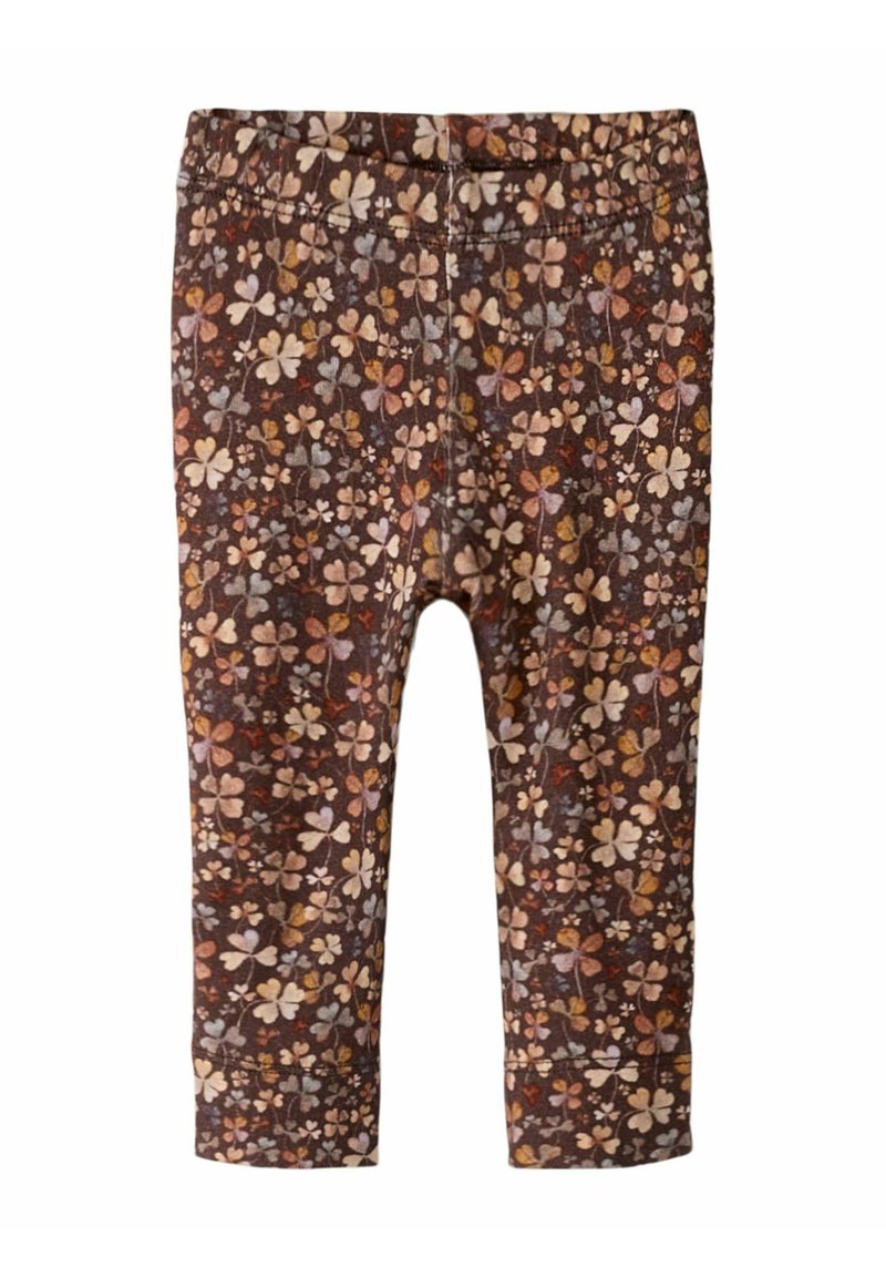 Leggings marron avec un motif floral coloré composé de petites fleurs crème, orange et bleues. Tissu doux avec une taille élastique.