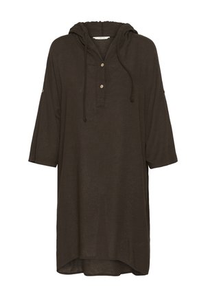 Tunique-robe ample à capuche de couleur marron foncé, manches trois-quarts, deux boutons sur le devant, et cordons à nouer au niveau de l'encolure.