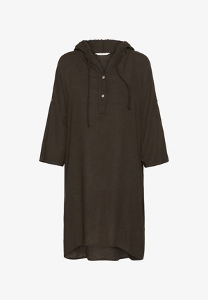 Tunique-robe ample à capuche de couleur marron foncé, manches trois-quarts, deux boutons sur le devant, et cordons à nouer au niveau de l'encolure.