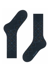 Granatowe skarpetki z diamentowym wzorem w jasnym niebieskim kolorze, z małymi motywami brązowego psa. Wykonane z miękkiego, elastycznego materiału dla wygody.