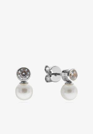 Silver stud earrings with a clear round gemstone on top and a white pearl hanging below, shown from front and side views.