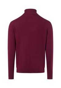 Burgunderfarbener Pullover, der einen hohen Kragen und lange Ärmel hat. Aus glattem Strickstoff mit gerippten Bündchen und Saum gefertigt.