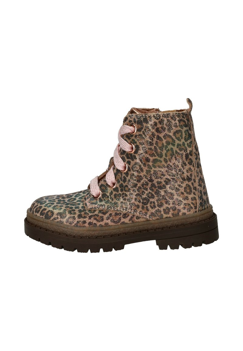 Leopardprint enkelboots van stof met roze veters, met een stevige bruine zool en een gestructureerd ontwerp voor grip en duurzaamheid.