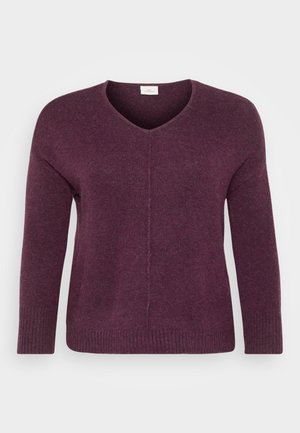 V-neck pullover sweater in deep purple, made of soft knit material. Features long sleeves and ribbed cuffs at the hem for added texture.