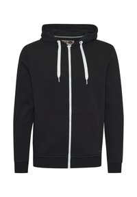 Felpa con cappuccio nera con cerniera, in misto cotone, con zip bianca, cordoncini e tasche frontali. Tessuto liscio con vestibilità classica.