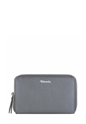 Gray leather wallet with a textured surface, zip closure, and Tamaris logo in silver on the front, featuring a rectangular shape.