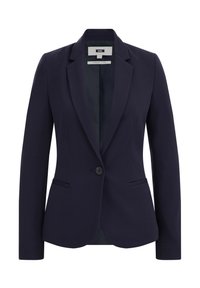 Marinblå skräddarsydd blazer med en knapp, slagkrage, två framfickor och textil med struktur. Helfodrad insida för en slät finish.