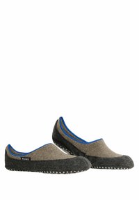 Pantofole slip-on in feltro grigio e beige con accenti blu e suole in gomma puntinata. Punta arrotondata e design a profilo basso per il massimo comfort.