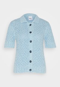 Kortärmad knapp-up cardigan i ljusblått strukturerat tyg, med krage och sex mörka knappar framtill.