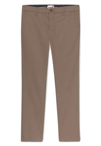 Ruskeat puuvillahousut, joissa on sileä pinta, suorat lahkeet, nappilukko ja etutaskut. Ei näkyviä kuvioita tai koristeita.