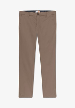 Pantaloni in cotone marroni con una texture liscia, design a gamba dritta, chiusura con bottone e tasche frontali. Nessun motivo o accento visibile.