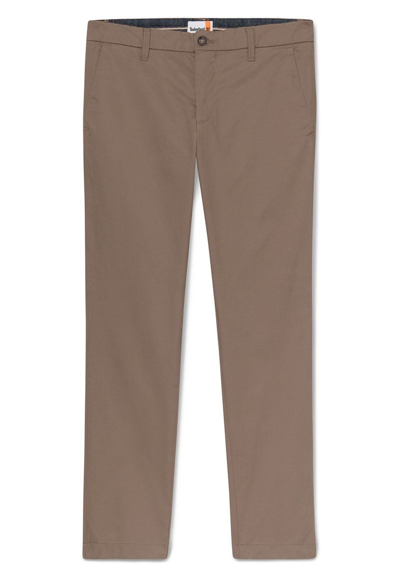 Braune Baumwollhosen mit glatter Textur, geradem Bein, Knopfverschluss und Fronttaschen. Keine sichtbaren Muster oder Akzente.