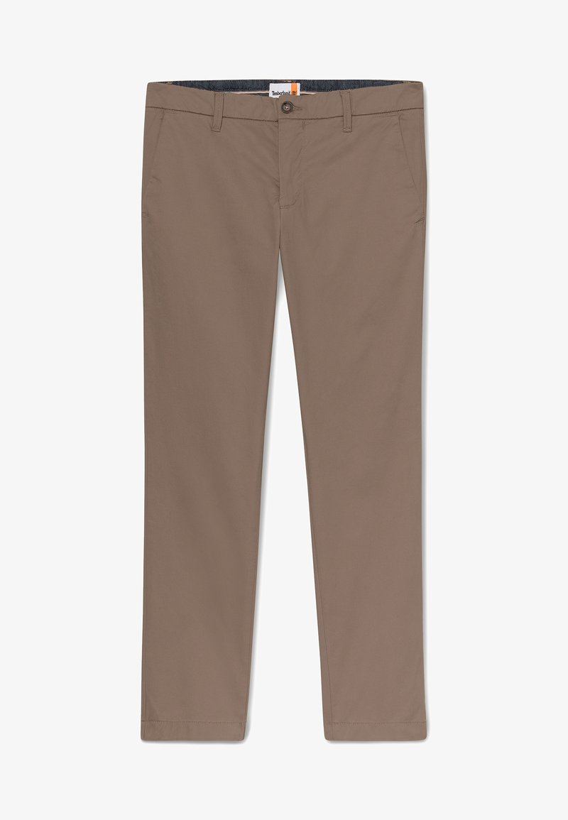 Braune Baumwollhosen mit glatter Textur, geradem Bein, Knopfverschluss und Fronttaschen. Keine sichtbaren Muster oder Akzente.