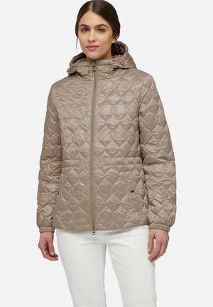 Lichtbeige gewatteerde jas met een capuchon, voorritssluiting en elastische manchetten. Heeft een ruitpatroon en een ingetogen ontwerp voor warmte.