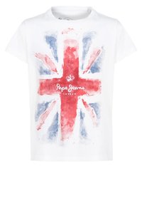 Bílé bavlněné tričko s designem britské vlajky ve stylu akvarelu v červené, modré a bílé barvě, pod nímž je text "Pepe Jeans London".