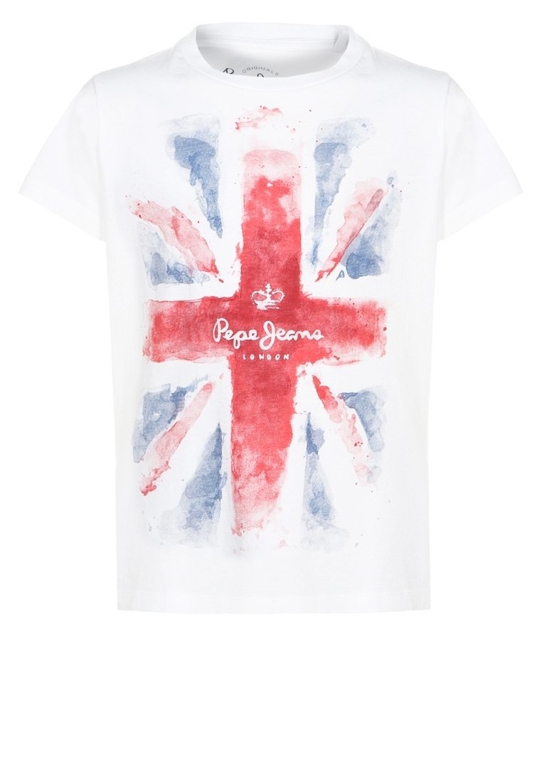 Bílé bavlněné tričko s designem britské vlajky ve stylu akvarelu v červené, modré a bílé barvě, pod nímž je text "Pepe Jeans London".