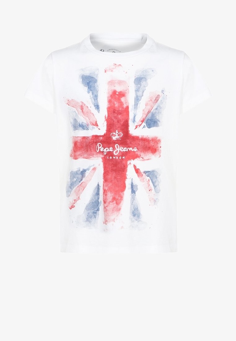 Bílé bavlněné tričko s designem britské vlajky ve stylu akvarelu v červené, modré a bílé barvě, pod nímž je text "Pepe Jeans London".