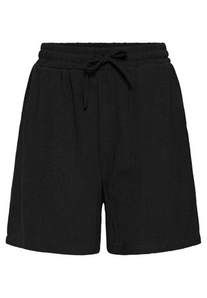 Pantaloni corti neri in tessuto strutturato con vita elasticizzata e coulisse regolabile. Presenta tasche laterali e una vestibilità rilassata.