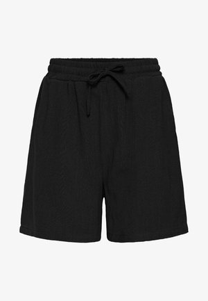 Czarne szorty wykonane z fakturowanej tkaniny z elastycznym paskiem w talii i regulowanym sznurkiem. Posiadają boczne kieszenie i luźny krój.