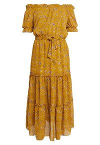 Gul blommig maxiklänning med off-shoulder-design, skräddarsydda ärmar, midjeband och lager på lager med volanger i nederkanten. Lätt och mjukt tyg.