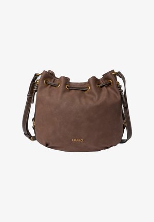 Sac seau en cuir marron avec fermeture à cordon, bandoulière réglable et logo doré "Liu Jo" sur le devant.