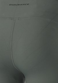 Träningsshorts i olivgrön färg, tillverkade av mjukt och stretchigt tyg. Har platta sömmar och ordet "ENDURANCE" tryckt nära midjan.